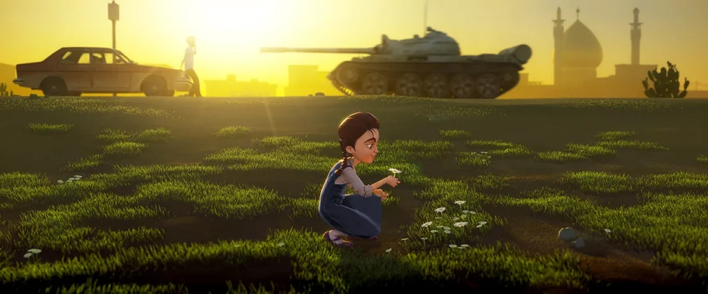 Animated frame from Daisy Cutter showing a young girl in a grassy field with a tank in the background.
