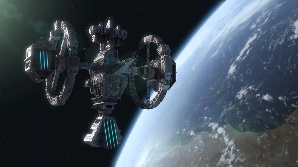 Frame from Hiroku. Defensores de Gaia showing a futuristic orbital structure above Earth.
