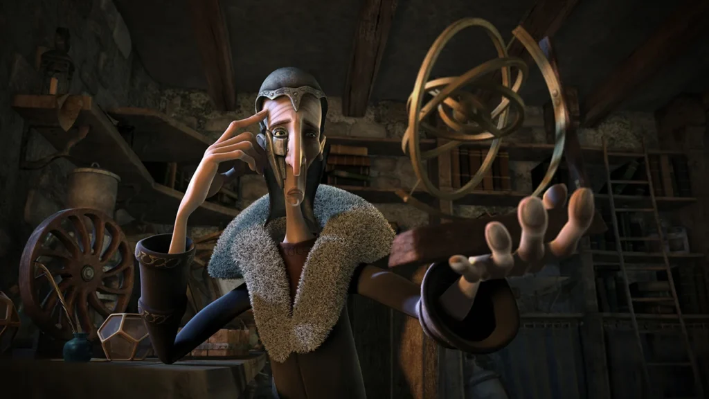 Animated frame from Perpetuum Mobile showing the Alchemist in a workshop holding a floating mechanical instrument.