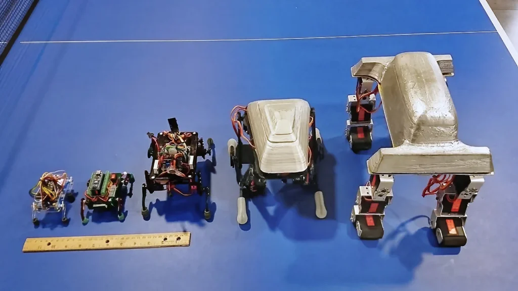 Multiple generations of custom quadruped robots shown side by side with a ruler for scale.